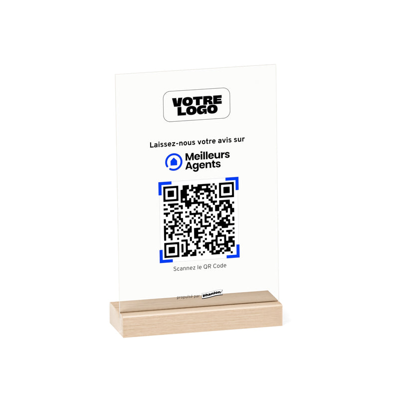 Plaque QR code avis Meilleurs Agents rectangulaire personnalisée avec logo bleu et QR code sur socle en bois naturel - Phanion