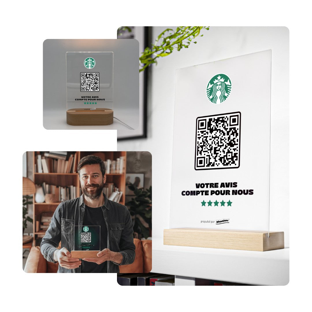 Plaque avis Google personnalisée en acrylique sur socle bois et LED