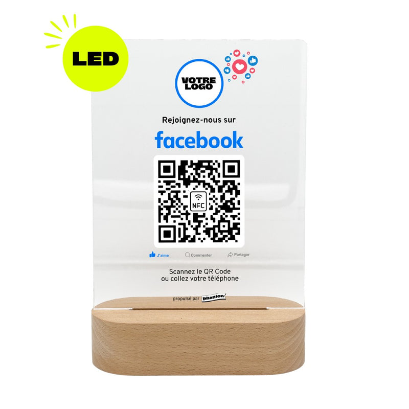 Plaque NFC et QR code Facebook LED rectangulaire personnalisée avec logo NFC et QR code sur socle en bois naturel - Phanion