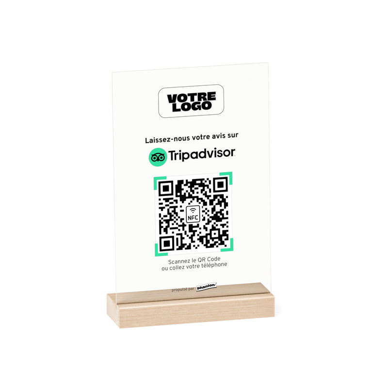 Plaque NFC et QR code avis Tripadvisor rectangulaire personnalisée avec logo sur socle en bois naturel - Phanion