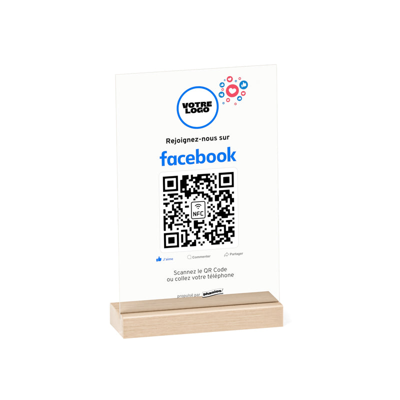 Plaque NFC et QR code Facebook rectangulaire personnalisée avec logo NFC et QR code sur socle en bois naturel - Phanion