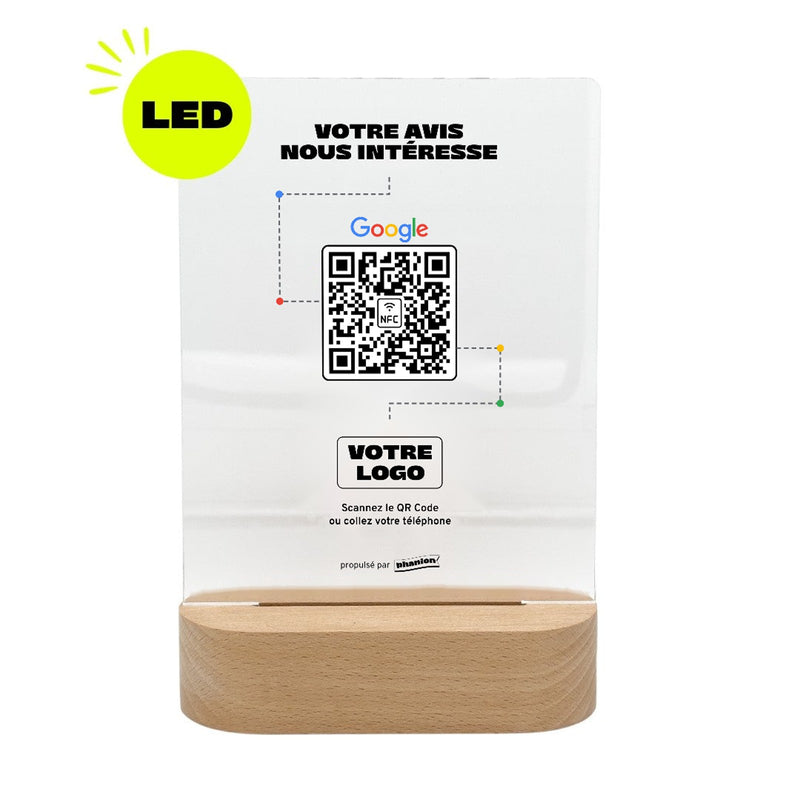 Plaque Google Votre avis nous intéresse personnalisée LED socle bois