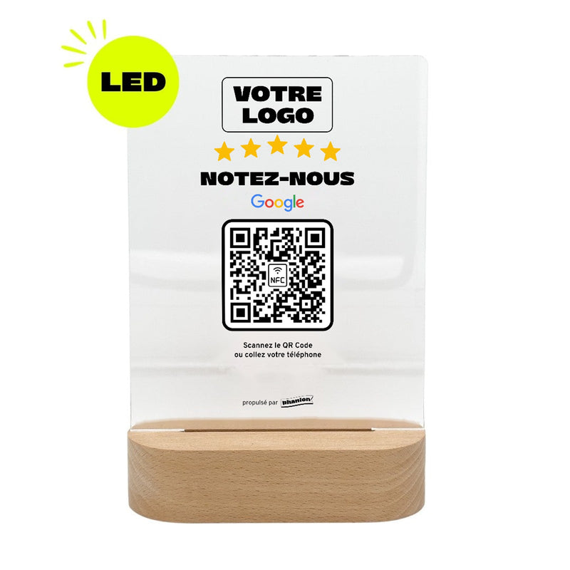 Plaque Google Notez-nous personnalisée LED socle bois