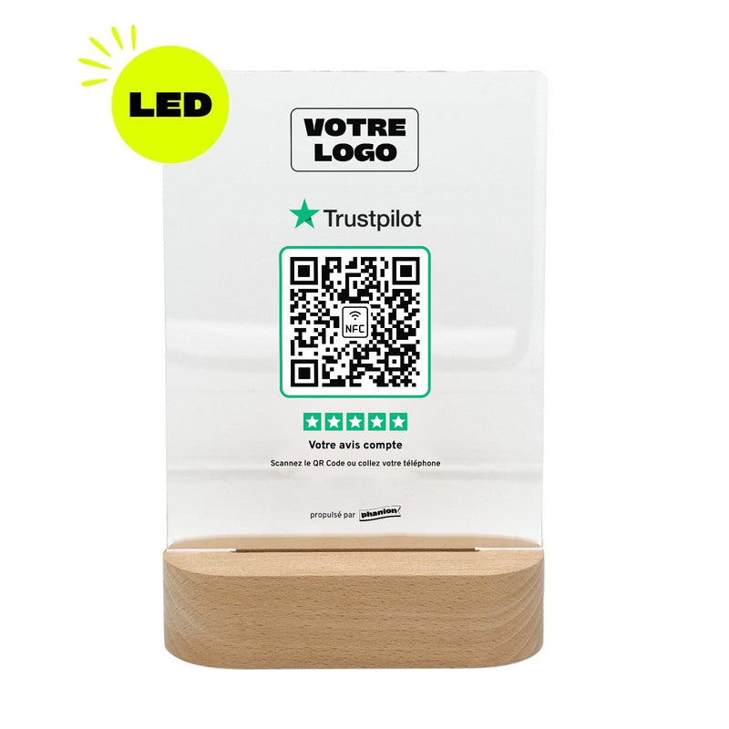 Plaque Trustpilot Minimaliste personnalisée LED socle bois