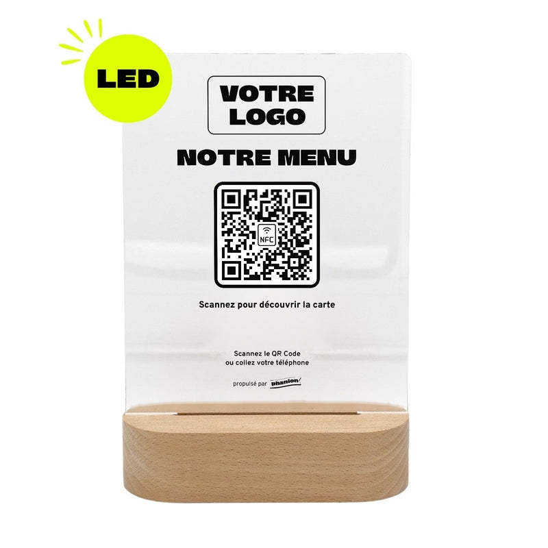 Plaque menu Notre menu personnalisée LED socle bois