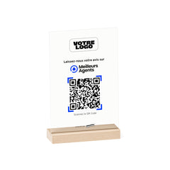 Plaque QR code avis Meilleurs Agents rectangulaire personnalisée avec logo bleu et QR code sur socle en bois naturel - Phanion