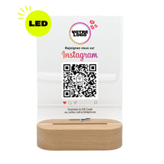Plaque NFC et QR code Instagram LED rectangulaire personnalisée avec logo NFC et QR code sur socle en bois naturel - Phanion