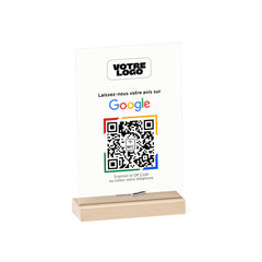 Plaque NFC et QR code avis Google rectangulaire personnalisée avec logo Google couleurs et NFC sur socle en bois naturel - Phanion