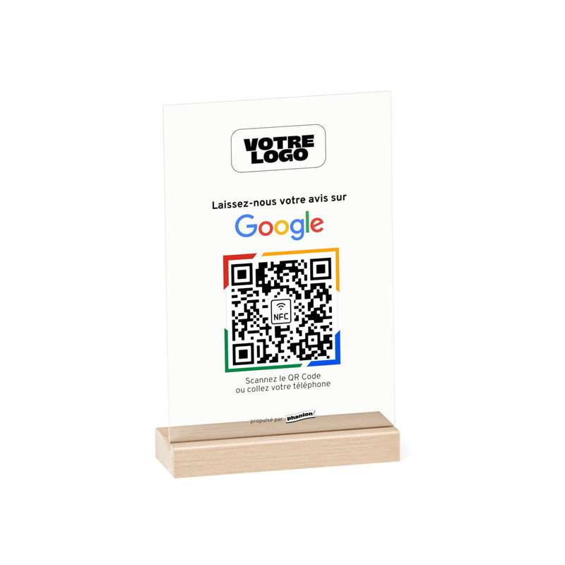 Plaque NFC et QR code avis Google rectangulaire personnalisée avec logo Google couleurs et NFC sur socle en bois naturel - Phanion