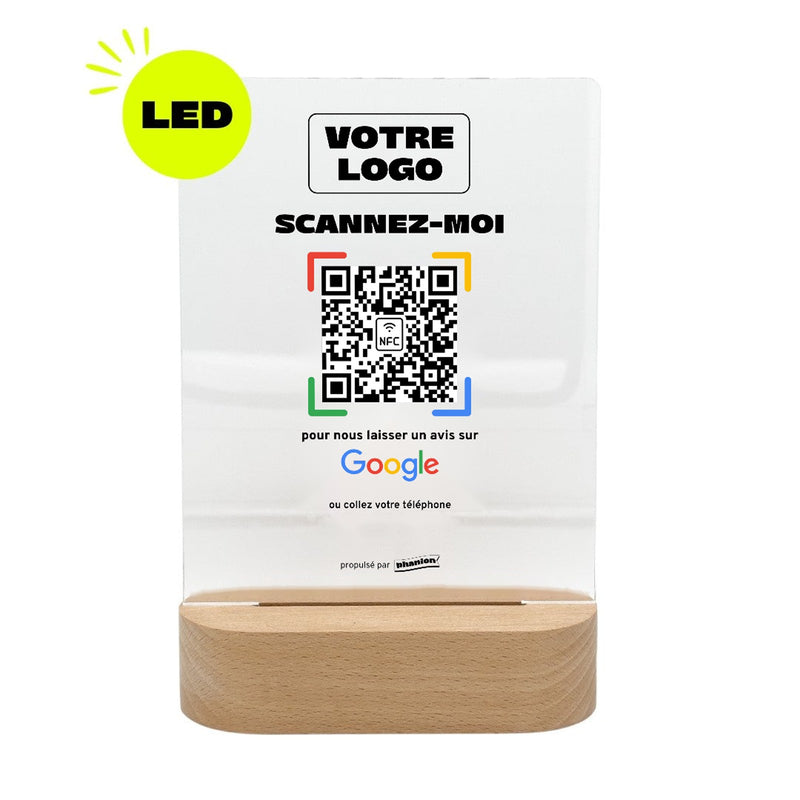 Plaque Google Scannez-moi personnalisée LED socle bois