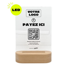 Plaque sur mesure Payez ici personnalisée LED socle bois